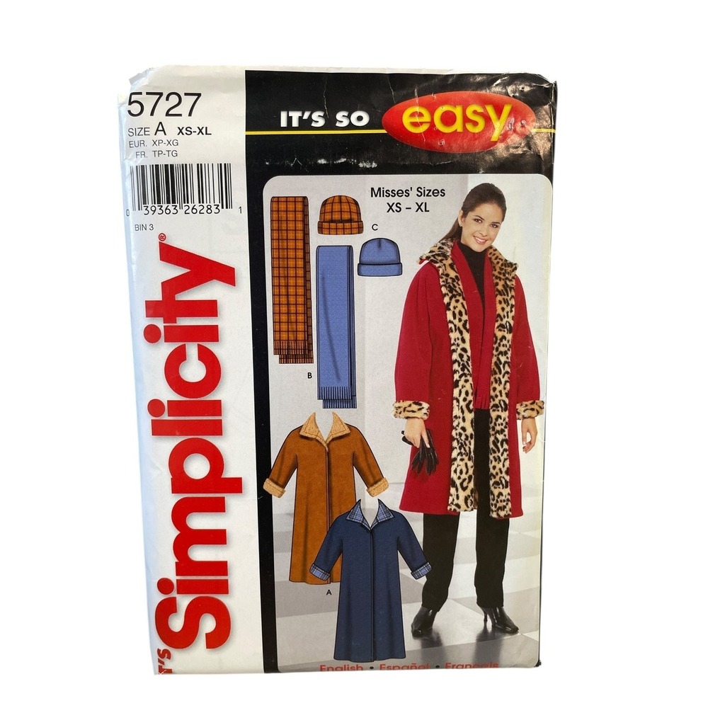Simplicity 5727 Misses Coat Scarf Hat XS-XL Easy Sewing Pattern‎